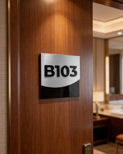 Premium brushed silver hotel room number sign by ALUMADESIGNCO featuring raised acrylic numbers, modern door signage for hotels, offices, and apartments