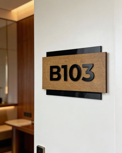 Modern custom wooden room number sign by ALUMADESIGNCO combining natural birch wood and acrylic numbers, elegant door signage for hotels and apartments