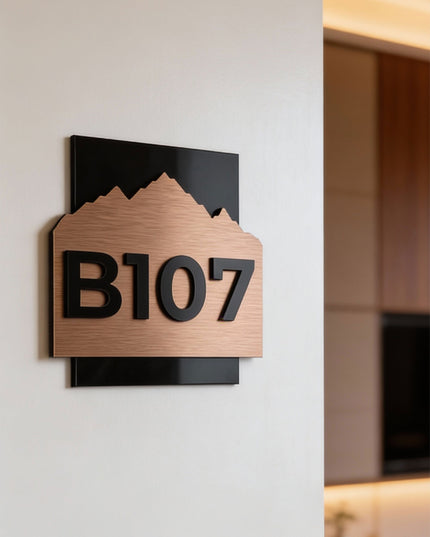 Premium Alpine bronze hotel door number sign by ALUMADESIGNCO featuring raised acrylic numbers, modern signage for hotels and contemporary interiors