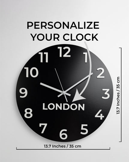 ALUMADESIGNCO modern time zone wall clock with customizable city labels, stylish wall décor for offices, hotels, apartments, and contemporary interior spaces