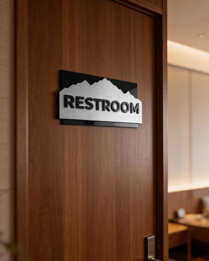 Premium Alpine custom office door signage by ALUMADESIGNCO featuring 3D layered construction and acrylic text, modern signage for offices and hospitality spaces