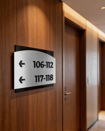 Modern directional wayfinding sign by ALUMADESIGNCO in Flow Design, premium signage for corridors, offices, hotels, and contemporary interiors