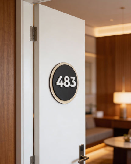 Modern round hotel room number plaque by ALUMADESIGNCO combining natural birch plywood and precision cut black acrylic numbers, elegant wood and acrylic door signage