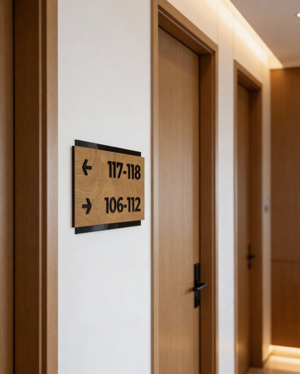 ALUMADESIGNCO birch wood directional plaque with clean modern design, elegant wayfinding signage for offices, apartments, hotels, and commercial buildings