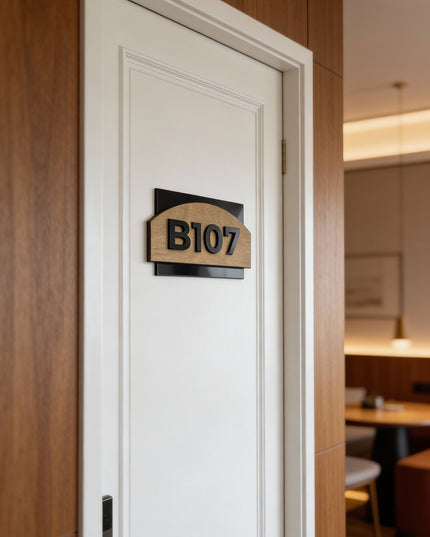 ALUMADESIGNCO custom hotel door number plaque combining natural wood and black acrylic numbers, modern Scandinavian signage for hotels and apartments
