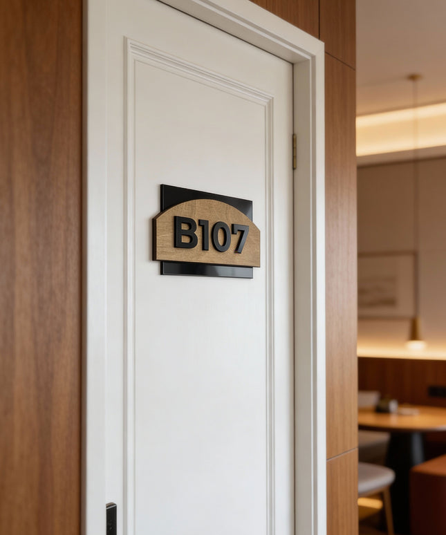 ALUMADESIGNCO custom hotel door number plaque combining natural wood and black acrylic numbers, modern Scandinavian signage for hotels and apartments