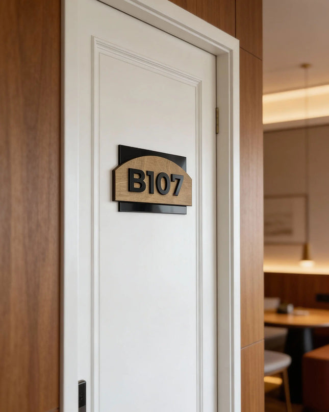 ALUMADESIGNCO custom hotel door number plaque combining natural wood and black acrylic numbers, modern Scandinavian signage for hotels and apartments