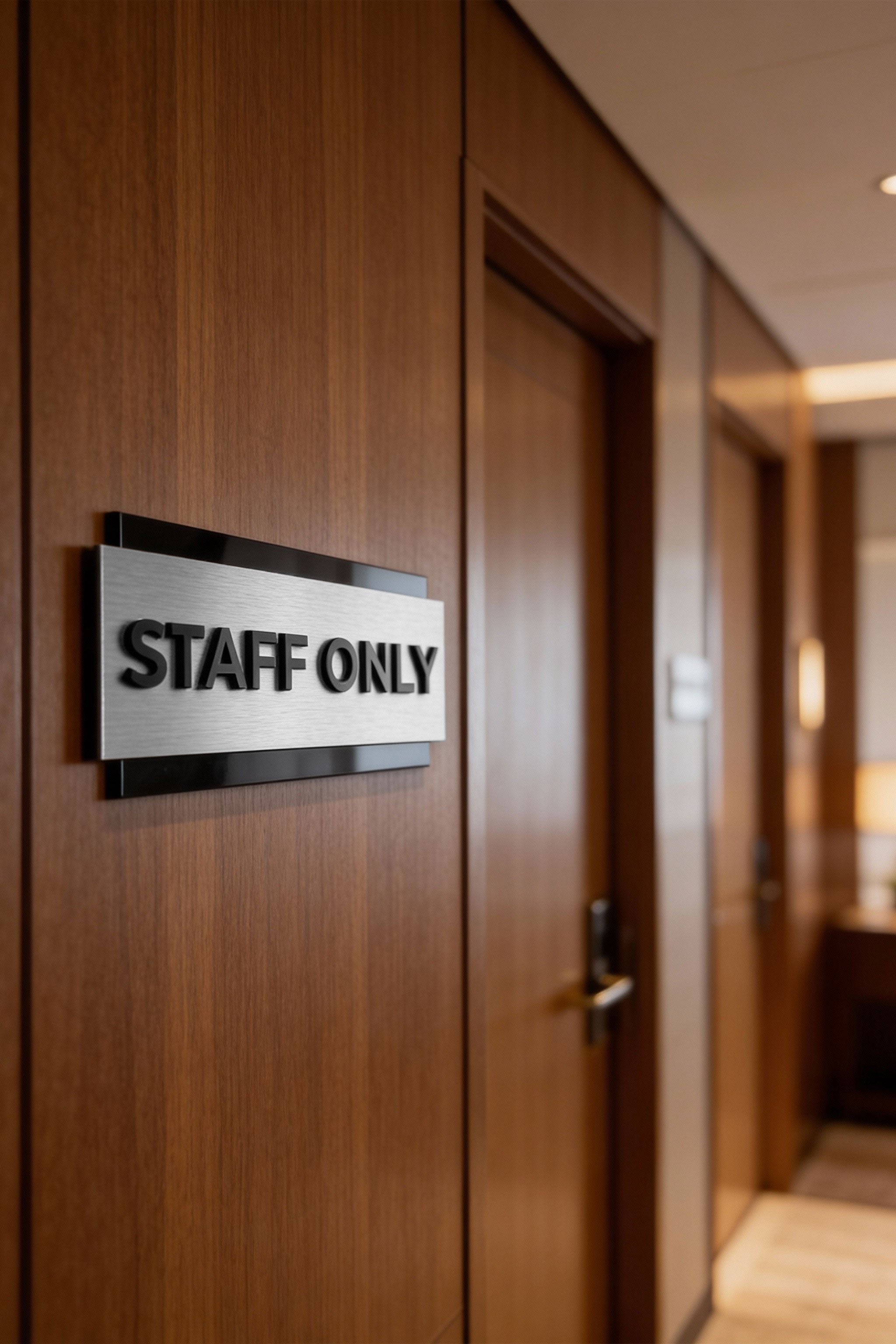 ALUMADESIGNCO custom brushed silver and black acrylic door plaque with minimalist modern design, signage for staff only, office, restroom, and interior spaces