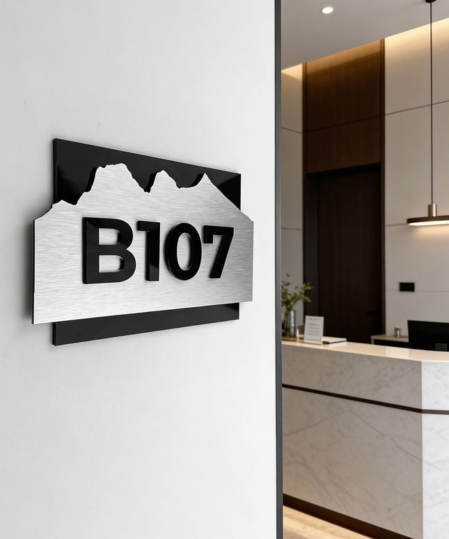 Modern hotel suite number sign Alpine Design by ALUMADESIGNCO with wood and acrylic materials, premium signage for hospitality and residential interiors