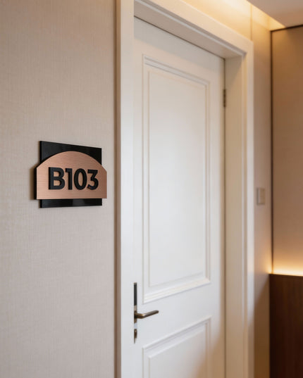 Premium Flow 3D layered apartment door number sign by ALUMADESIGNCO featuring raised numbers, modern hotel style signage for apartment doors and interiors