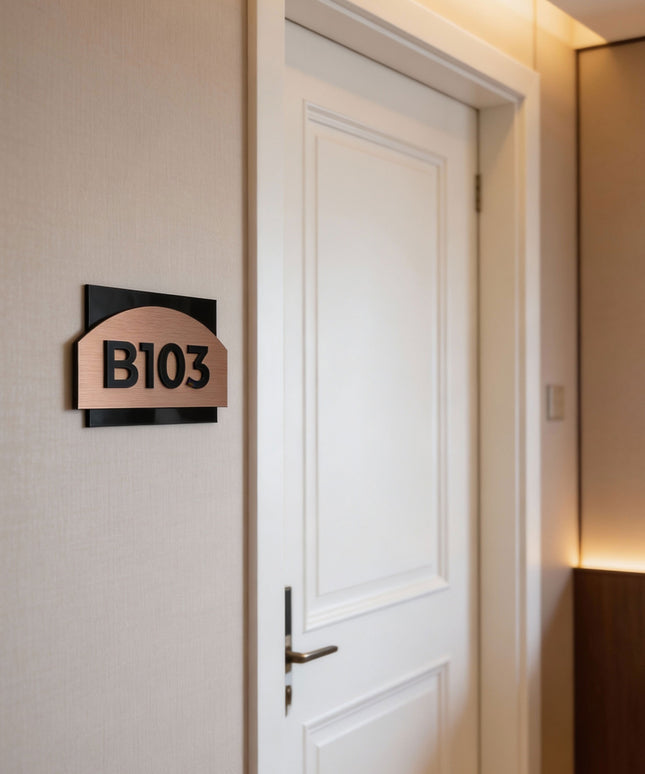 Premium Flow 3D layered apartment door number sign by ALUMADESIGNCO featuring raised numbers, modern hotel style signage for apartment doors and interiors