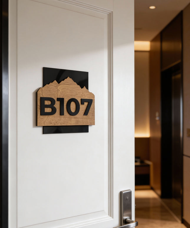 ALUMADESIGNCO Alpine Design modern custom wooden hotel room number sign with acrylic numbers, elegant door signage for hotels, apartments, and interior spaces