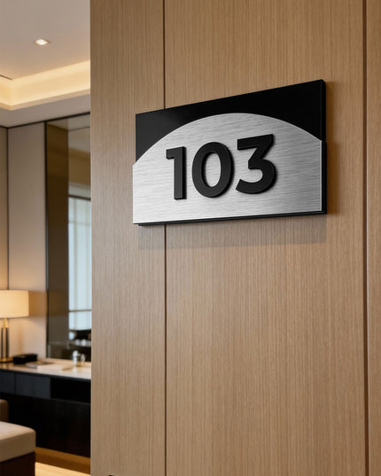 ALUMADESIGNCO Flow Design apartment door number plaque with brushed silver finish and acrylic 3D numbers, elegant signage for interiors