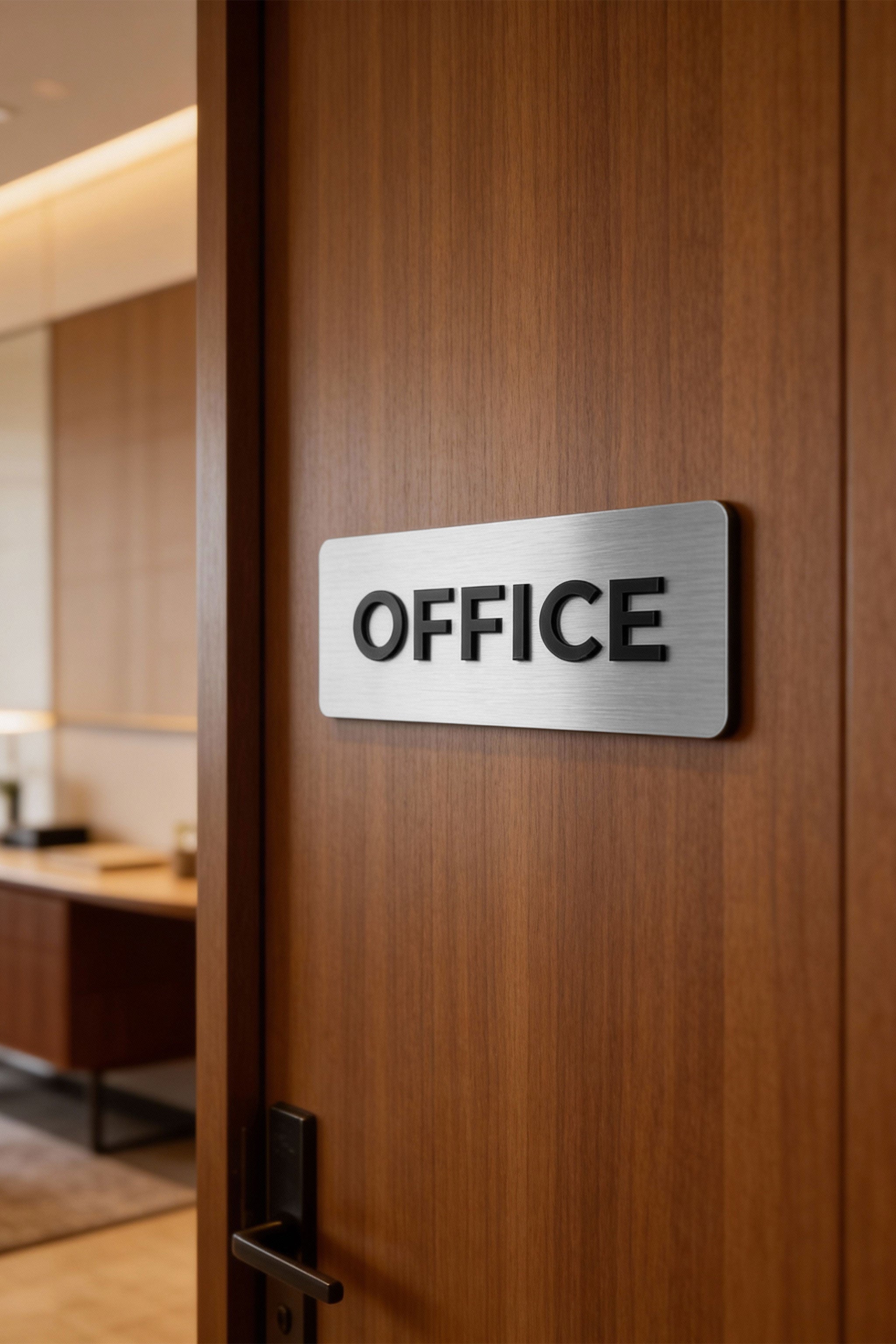 Modern luxury office door sign by ALUMADESIGNCO combining silver metal panel and black acrylic lettering, stylish signage for offices and interior spaces