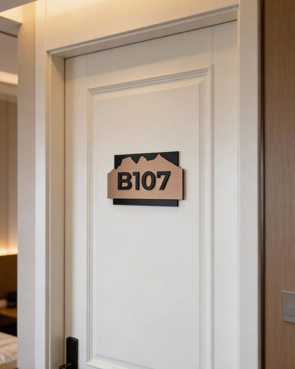 ALUMADESIGNCO custom Alpine room number sign with minimalist modern style, premium door signage for hotels, apartments, and contemporary interiors