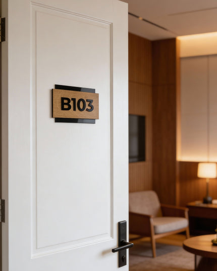 ALUMADESIGNCO birch wood and acrylic custom room number sign with raised numbers, premium signage for boutique hotels, Airbnb properties, and offices