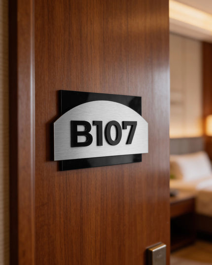 ALUMADESIGNCO Flow Design apartment door number sign with silver plaque and acrylic glass numbers, stylish modern signage for apartments and office spaces