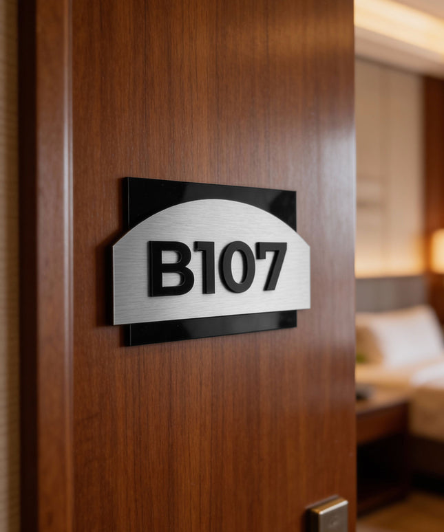 ALUMADESIGNCO Flow Design apartment door number sign with silver plaque and acrylic glass numbers, stylish modern signage for apartments and office spaces