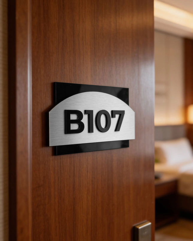 ALUMADESIGNCO Flow Design apartment door number sign with silver plaque and acrylic glass numbers, stylish modern signage for apartments and office spaces