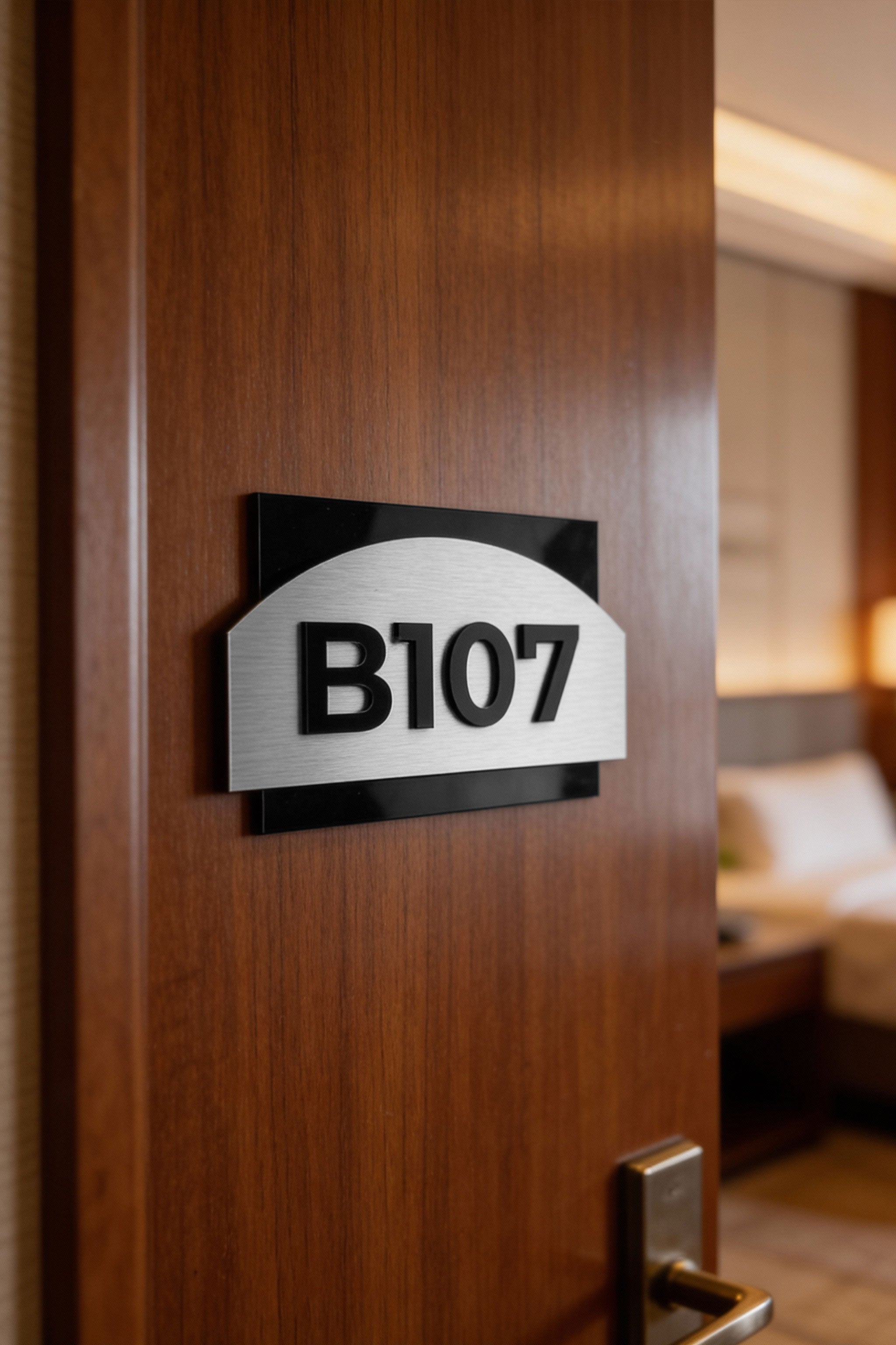 ALUMADESIGNCO Flow Design apartment door number sign with silver plaque and acrylic glass numbers, stylish modern signage for apartments and office spaces