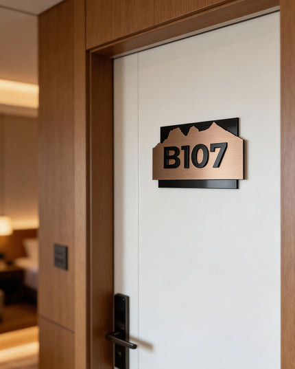 Premium Alpine custom hotel room number sign by ALUMADESIGNCO featuring wood and acrylic materials, modern door signage for hospitality interiors