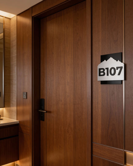 ALUMADESIGNCO Alpine Design hotel room number sign with 3D layered construction and acrylic numbers, elegant door signage for hospitality interiors