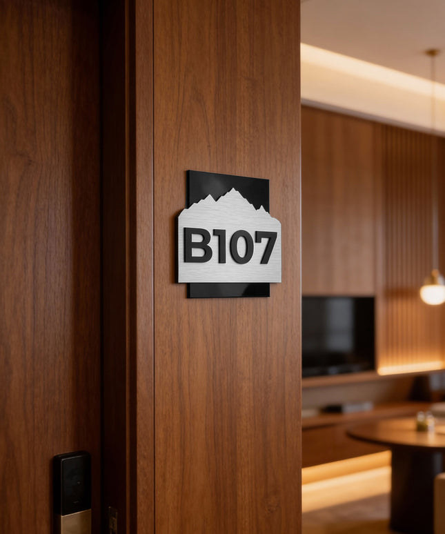 ALUMADESIGNCO Alpine Design 3D layered room number sign for hotels with raised acrylic numbers, modern door signage for hotel rooms, apartments, and hospitality interiors