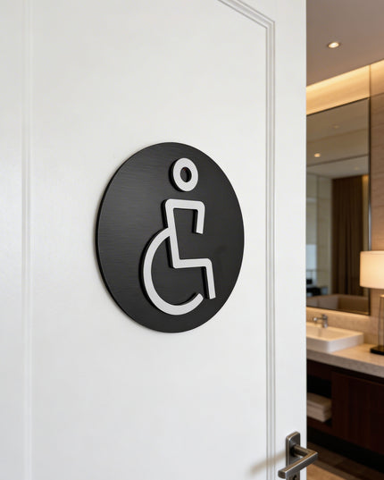 ALUMADESIGNCO handicap accessible sign for doors, premium wheelchair wayfinding signage for offices, hotels, apartments, and commercial spaces