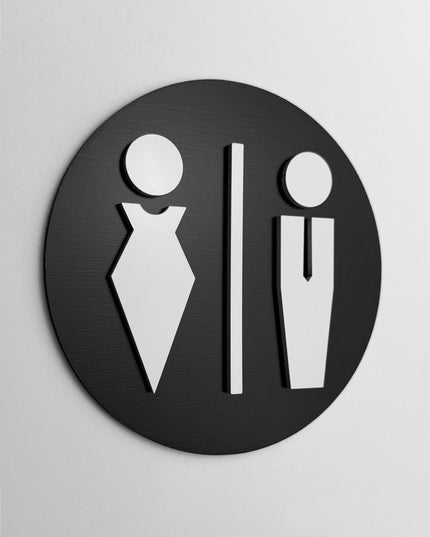 ALUMADESIGNCO male and female bathroom sign with modern restroom pictograms, premium toilet door signage for offices, hotels, cafés, and commercial interiors