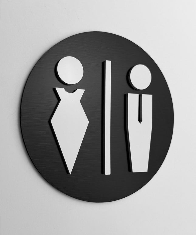 ALUMADESIGNCO male and female bathroom sign with modern restroom pictograms, premium toilet door signage for offices, hotels, cafés, and commercial interiors