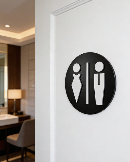 Modern male and female bathroom sign by ALUMADESIGNCO featuring clean durable style, elegant restroom signage for hotels, cafés, offices, and public interiors