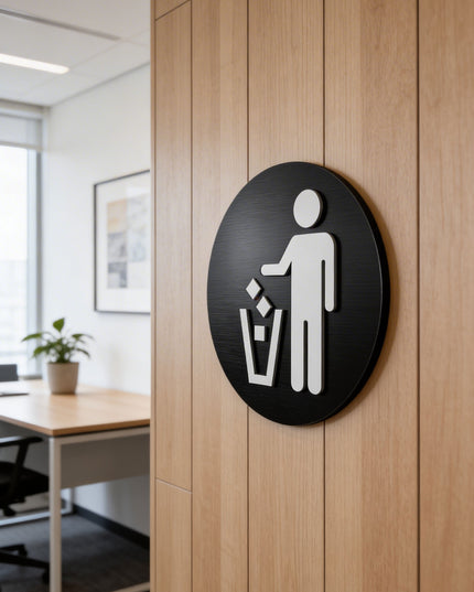 Modern recycling only sign by ALUMADESIGNCO featuring clean professional style, elegant waste sorting signage for hotels, cafés, offices, and public interiors