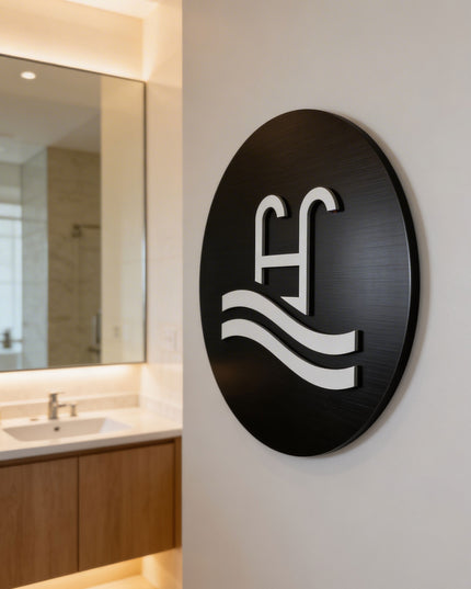 ALUMADESIGNCO poolside sign for doors and walls, premium wayfinding signage for hotels, apartments, spas, and leisure facilities