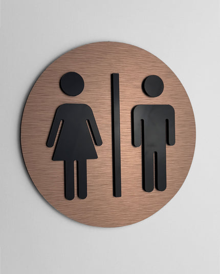 Premium round male and female bathroom sign by ALUMADESIGNCO, modern toilet door plaque for hotels, offices, restaurants, and public interior spaces