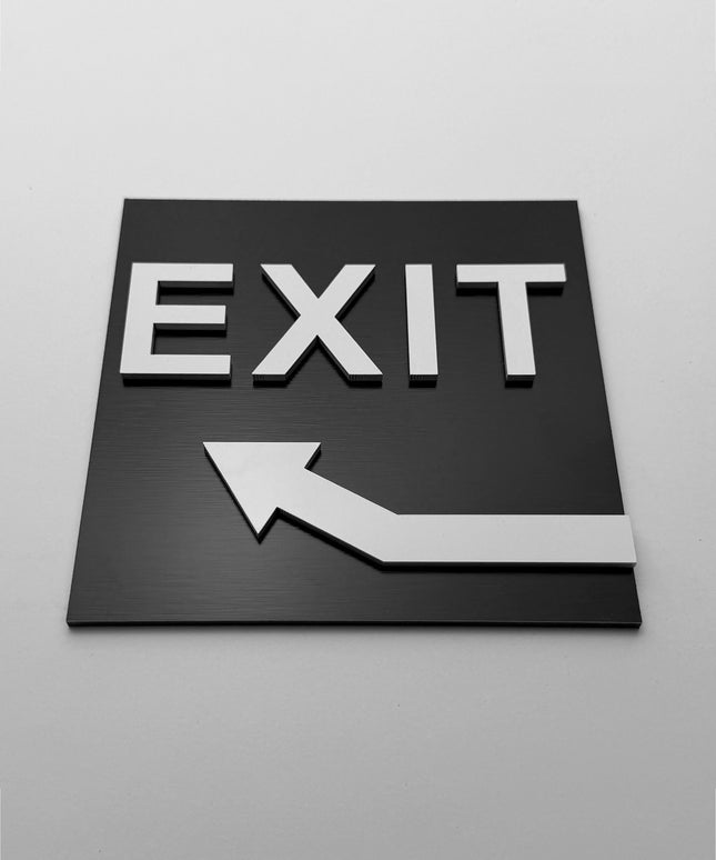 Exit arrow sign upstairs by ALUMADESIGNCO, stylish directional plaque for corridors, offices, hotels, and public interior spaces