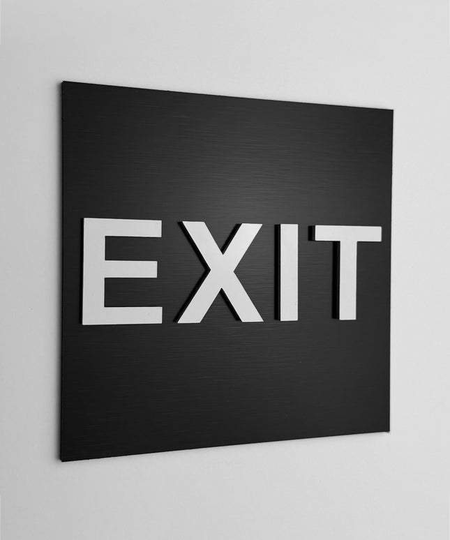 ALUMADESIGNCO emergency exit sign with modern safety design, premium wayfinding signage for offices, hotels, apartments, and commercial interiors