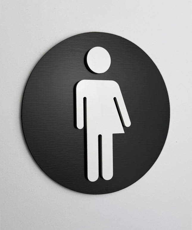ALUMADESIGNCO unisex bathroom sign with modern inclusive pictogram, premium restroom door signage for offices, hotels, cafés, and commercial interiors