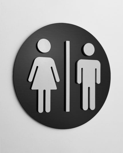 ALUMADESIGNCO premium round male and female restroom sign with modern pictograms, stylish bathroom door signage for offices, hotels, cafés, and commercial interiors