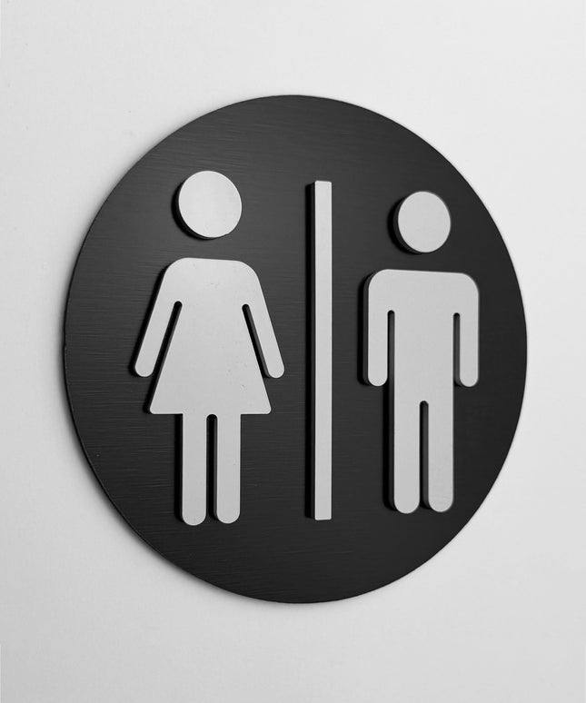 ALUMADESIGNCO premium round male and female restroom sign with modern pictograms, stylish bathroom door signage for offices, hotels, cafés, and commercial interiors