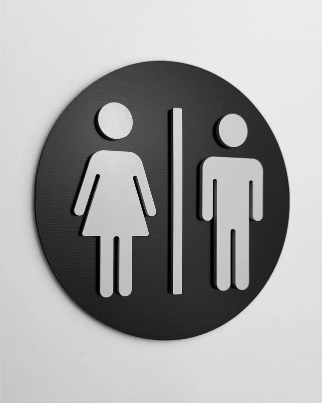 ALUMADESIGNCO premium round male and female restroom sign with modern pictograms, stylish bathroom door signage for offices, hotels, cafés, and commercial interiors
