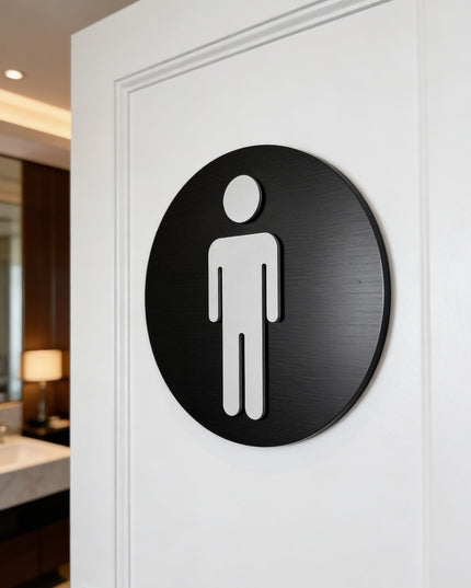 Modern round male toilet sign by ALUMADESIGNCO featuring clean durable style, elegant restroom signage for hotels, cafés, offices, and public interiors