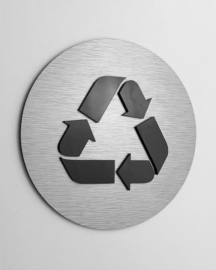 Premium recycling plaque by ALUMADESIGNCO, modern waste management sign for hospitality interiors, offices, restaurants, and public spaces