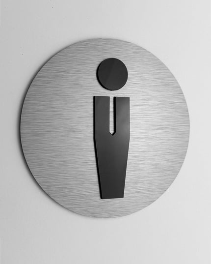 ALUMADESIGNCO round male bathroom door sign with minimalist modern style, restroom signage for offices, hotels, cafés, and contemporary interiors