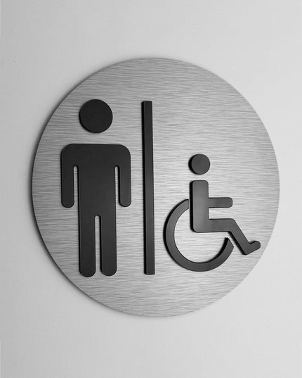 ALUMADESIGNCO accessible men’s bathroom door sign with minimalist modern style, male and wheelchair signage for offices, hotels, cafés, and contemporary interiors