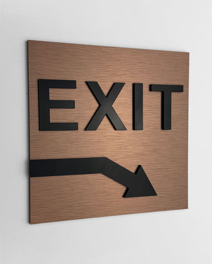ALUMADESIGNCO exit sign with down right arrow and minimalist modern style, wayfinding signage for offices, hotels, apartments, and contemporary interiors