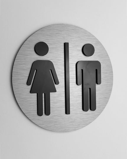 ALUMADESIGNCO round male and female restroom door sign with minimalist design, premium bathroom signage for offices, hospitality spaces, and commercial buildings