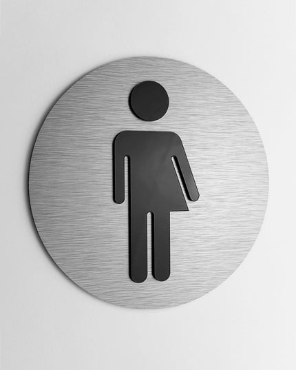 ALUMADESIGNCO unisex restroom door sign with minimalist modern style, bathroom signage for offices, hotels, cafés, and contemporary interiors