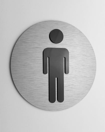 ALUMADESIGNCO round male bathroom door sign with minimalist modern style, restroom signage for offices, hotels, cafés, and contemporary interiors