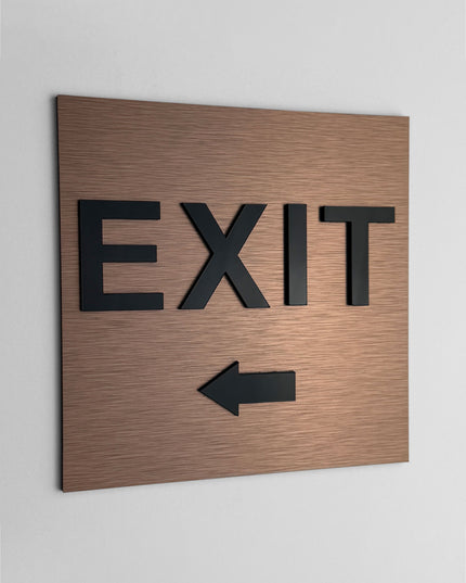 ALUMADESIGNCO exit left signage with minimalist modern style, wayfinding signage for offices, hotels, apartments, and contemporary interiors
