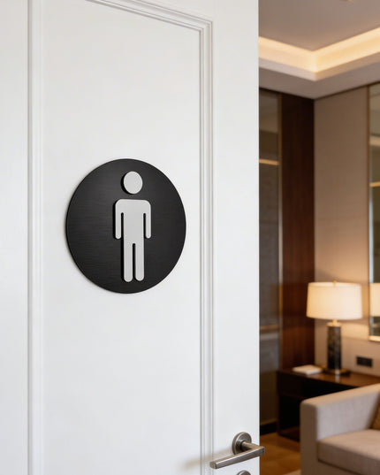 ALUMADESIGNCO round male restroom sign for doors, premium bathroom wayfinding signage for offices, hotels, apartments, and commercial spaces